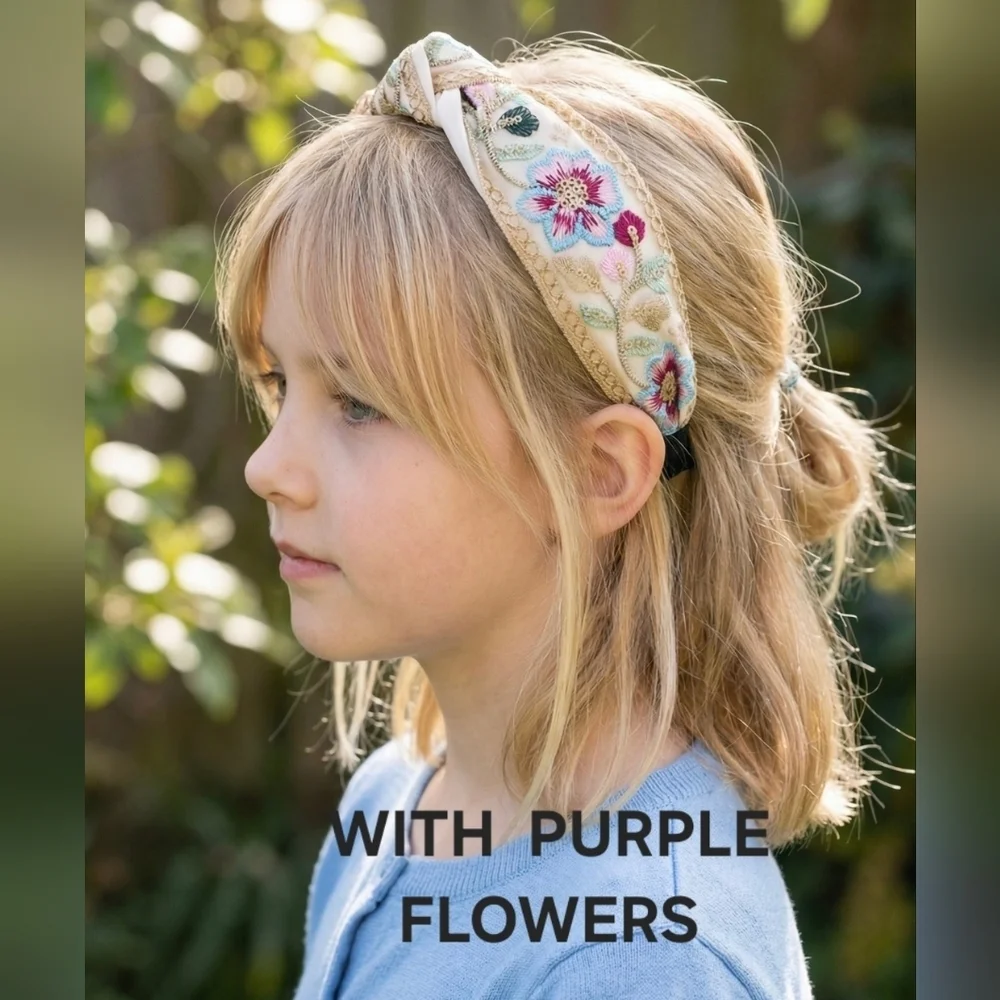 Embroidered Floral Headband - Cream with Purple Flowers Gold Accents